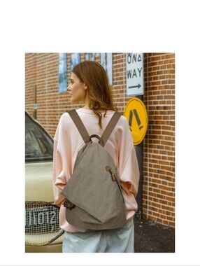 KL928 Canvas Leather Blue/Gray Casual Convertible Backpack Rucksack Zip Pockets